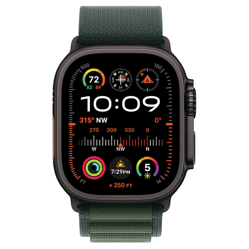 Apple Watch Ultra 2 GPS + Cellular, 49mm Black Titanium Case with Dark Green Alpine Loop – Large – MX4T3