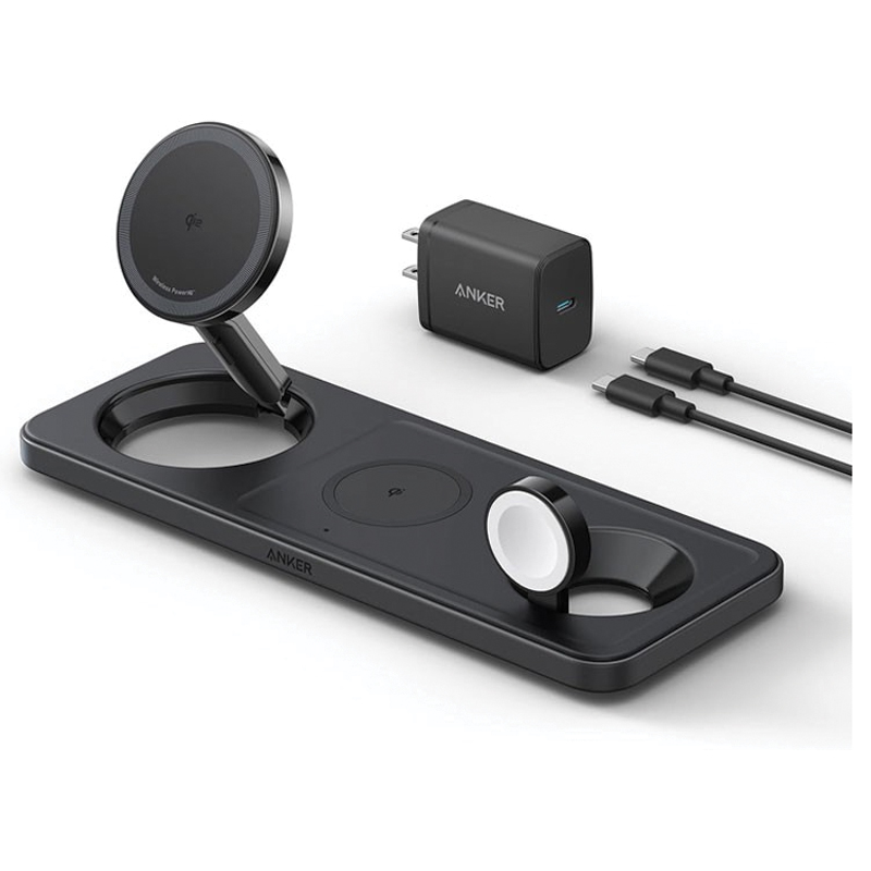 MagGo Wireless Charging Station (15W, Foldable 3-in-1) bundle cable and charger – B25M3V11