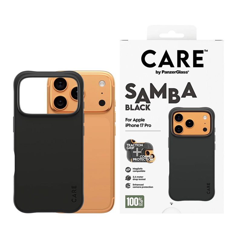 CARE by PanzerGlass® Case for iPhone 17 Pro | Samba Black | MagSafe Compatible | Shock-Absorbent | Protective Back Case | Black