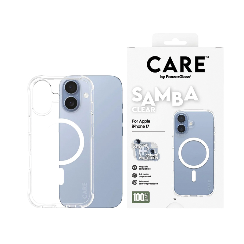 CARE by PanzerGlass® Case for iPhone 17 | Samba Transparent with White MagSafe | Clear TPU + Polycarbonate | MagSafe Compatible | Shock-Absorbent | Transparent