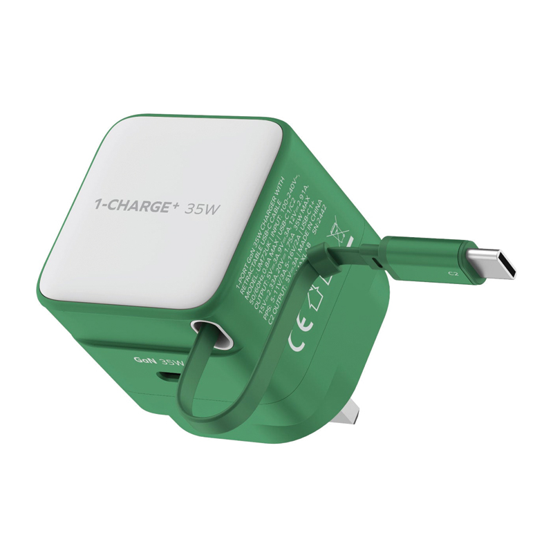 MOMAX 1-Charge+ 35W GaN Charger – Built-in Retractable USB-C Cable – UM72UKG – Green