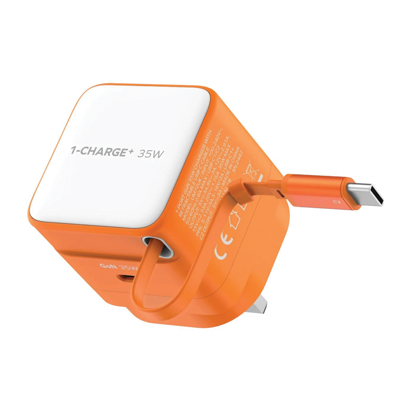MOMAX 1-Charge+ 35W GaN Charger – Built-in Retractable USB-C Cable – UM72UKM – Orange