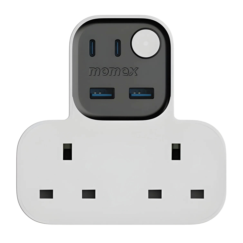 MOMAX 1-Charge Work Flow T-Shaped Extension – 2 AC Outlets – 2 USB-C + 2 USB-A – US17UKW – White