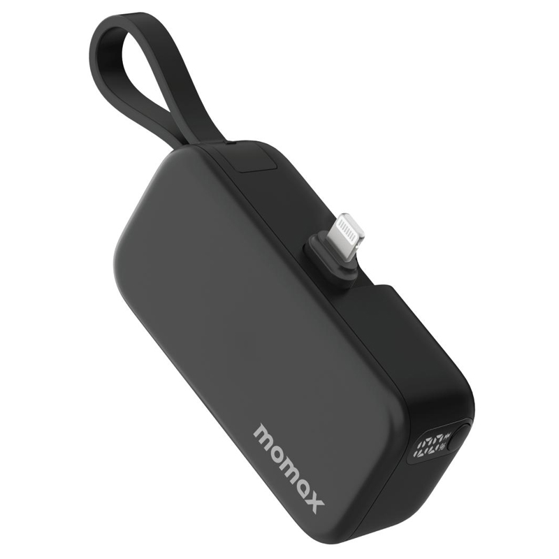 MOMAX 1-Power Mini 5000mAh 3-in-1 Power Bank – 20W PD – Built-in USB-C Cable – Foldable MFi Lightning Connector – IP130MFID – Black