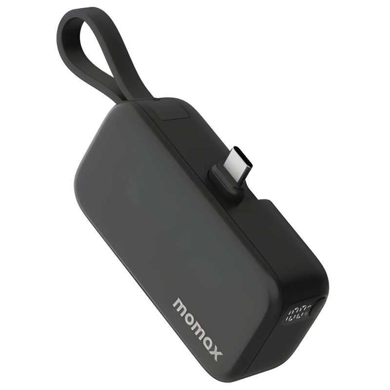 MOMAX 1-Power Mini 5000mAh 3-in-1 Power Bank – 20W PD – Built-in USB-C Cable – Foldable USB-C Connector – IP130D – Black