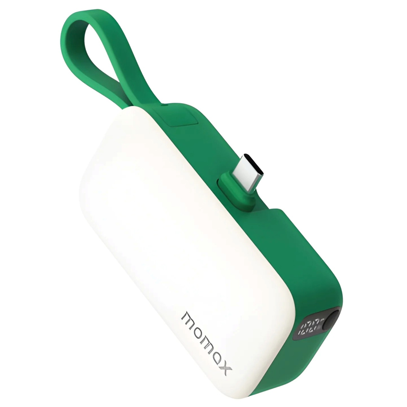 MOMAX 1-Power Mini 5000mAh 3-in-1 Power Bank – 20W PD – Built-in USB-C Cable – Foldable USB-C Connector – IP130G – Green