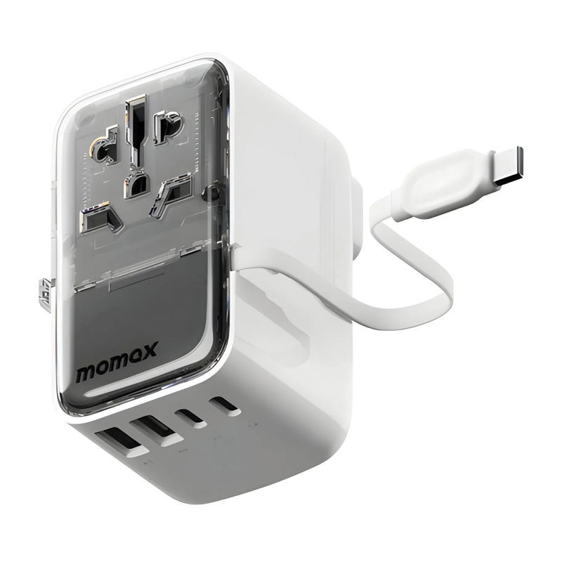 MOMAX 1-World+ Flow 4-Port 35W Travel Charger – Built-in USB-C Cable – UA21W – White