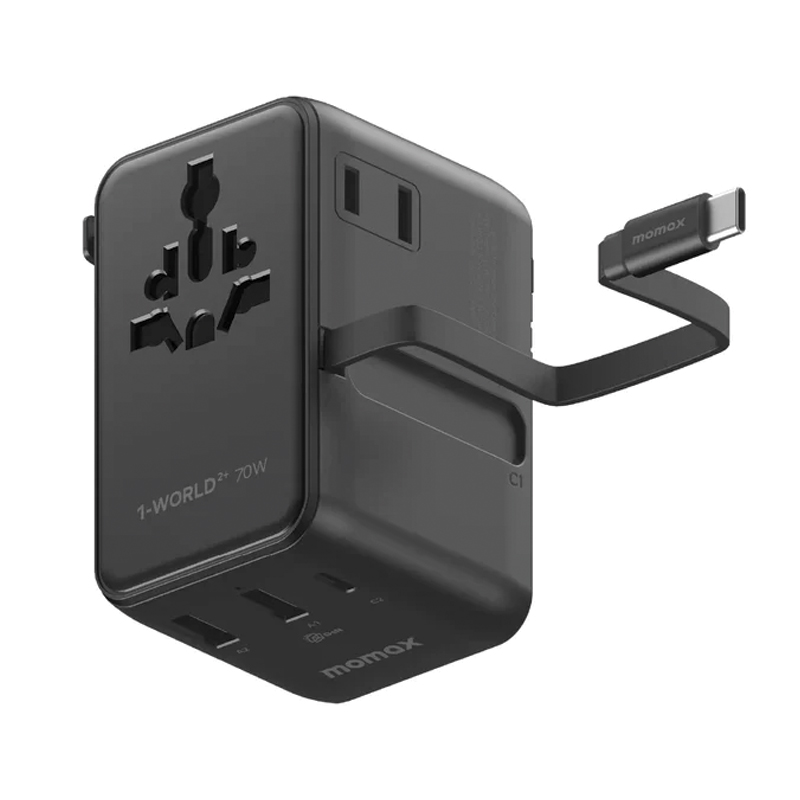 MOMAX 1-World2+ 70W 3-Port Dual AC Travel Adaptor with Built-in retractable Cable – Black